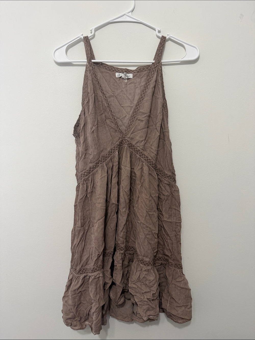 On The Road Taupe Lace-Trim Mini Dress
